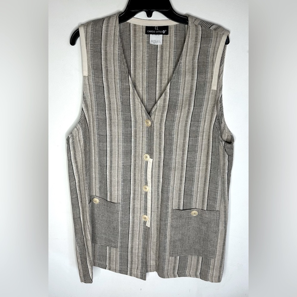 Carole Little Relaxed Tunic Striped Vest Flax/Rayon Blend  Button Up Size 16